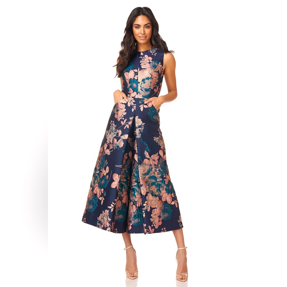 Kay Unger Blue and Pink A-Line Midi Dress Mock Neck